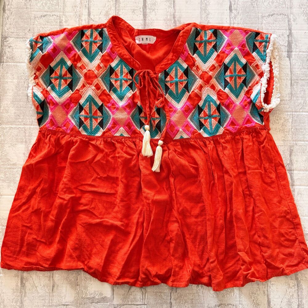 THML Geometric Embroidered Orange Babydoll Peasant Blouse Tops Folk Indie Sz M